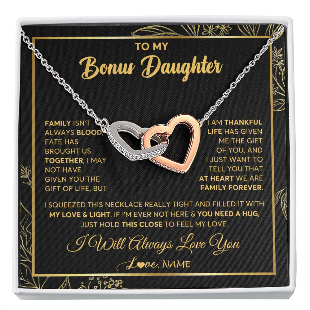Interlocking Hearts Necklace | Personalized To My Bonus Daughter Necklace From Stepmother Step Dad We Are Family Forever StepDaughter Birthday Christmas Customized Gift Box Message Card | siriusteestore