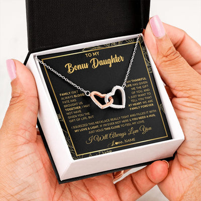Interlocking Hearts Necklace | Personalized To My Bonus Daughter Necklace From Stepmother Step Dad We Are Family Forever StepDaughter Birthday Christmas Customized Gift Box Message Card | siriusteestore