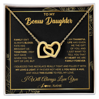 Interlocking Hearts Necklace 18K Yellow Gold Finish | 1 | Personalized To My Bonus Daughter Necklace From Stepmother Step Dad We Are Family Forever StepDaughter Birthday Christmas Customized Gift Box Message Card | siriusteestore