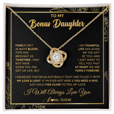 Love Knot Necklace 18K Yellow Gold Finish | 1 | Personalized To My Bonus Daughter Necklace From Stepmother Step Dad We Are Family Forever StepDaughter Birthday Christmas Customized Gift Box Message Card | siriusteestore