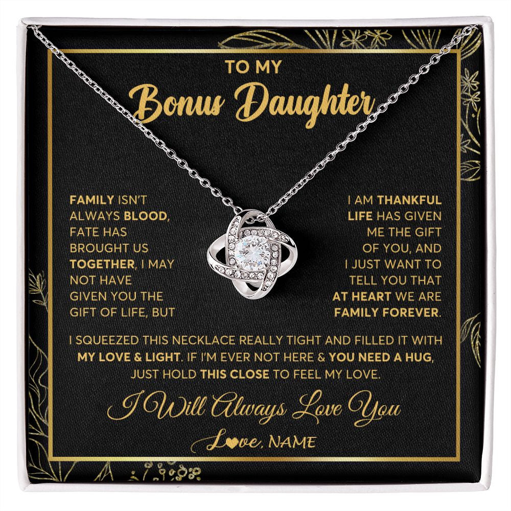 Love Knot Necklace | Personalized To My Bonus Daughter Necklace From Stepmother Step Dad We Are Family Forever StepDaughter Birthday Christmas Customized Gift Box Message Card | siriusteestore