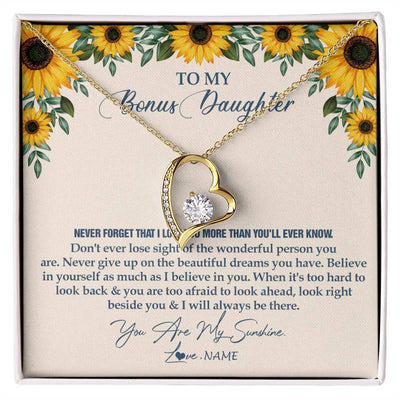 Forever Love Necklace 18K Yellow Gold Finish | Personalized To My Bonus Daughter Necklace From Stepmother Stepdad Sunflower You Are My Sunshine Stepdaughter Jewelry Birthday Customized Gift Box Message Card | siriusteestore