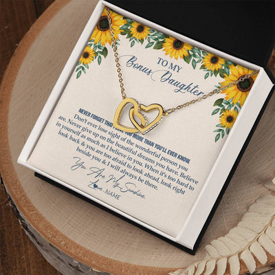 Interlocking Hearts Necklace 18K Yellow Gold Finish | Personalized To My Bonus Daughter Necklace From Stepmother Stepdad Sunflower You Are My Sunshine Stepdaughter Jewelry Birthday Customized Gift Box Message Card | siriusteestore