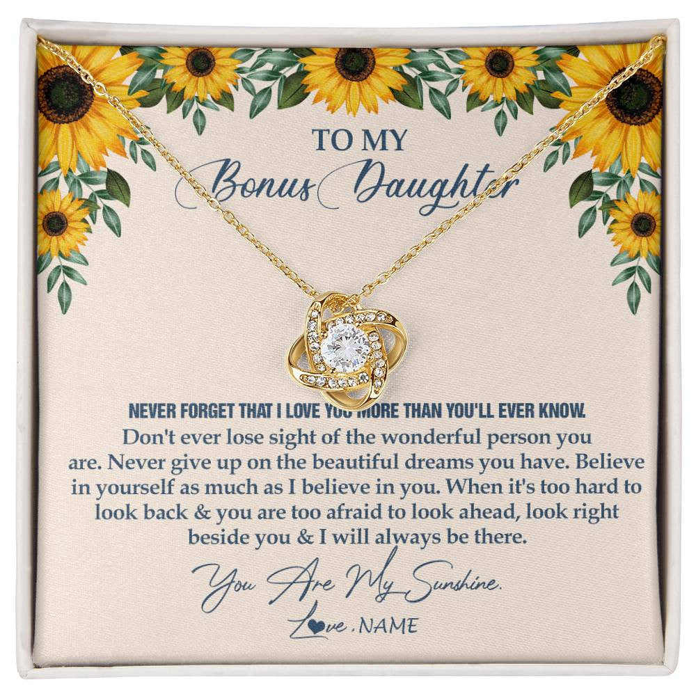 Love Knot Necklace 18K Yellow Gold Finish | Personalized To My Bonus Daughter Necklace From Stepmother Stepdad Sunflower You Are My Sunshine Stepdaughter Jewelry Birthday Customized Gift Box Message Card | siriusteestore