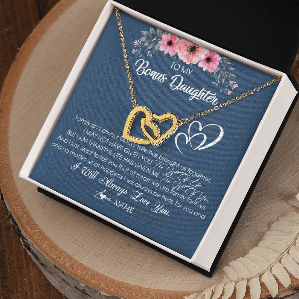 Interlocking Hearts Necklace 18K Yellow Gold Finish | Personalized To My Bonus Daughter Necklace From Stepmother Stepfather I Will Always Love You Stepdaughter Jewelry Birthday Christmas Customized Message Card | siriusteestore