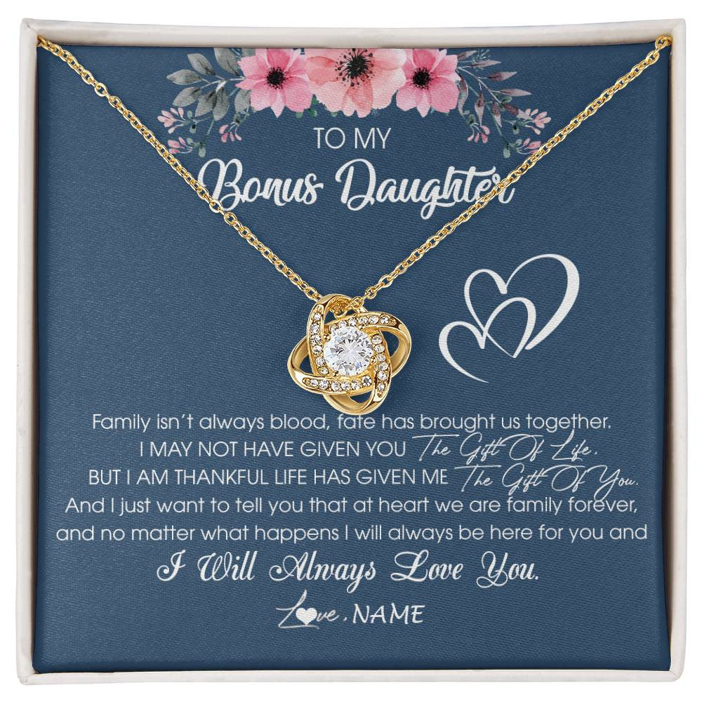 Love Knot Necklace 18K Yellow Gold Finish | Personalized To My Bonus Daughter Necklace From Stepmother Stepfather I Will Always Love You Stepdaughter Jewelry Birthday Christmas Customized Message Card | siriusteestore