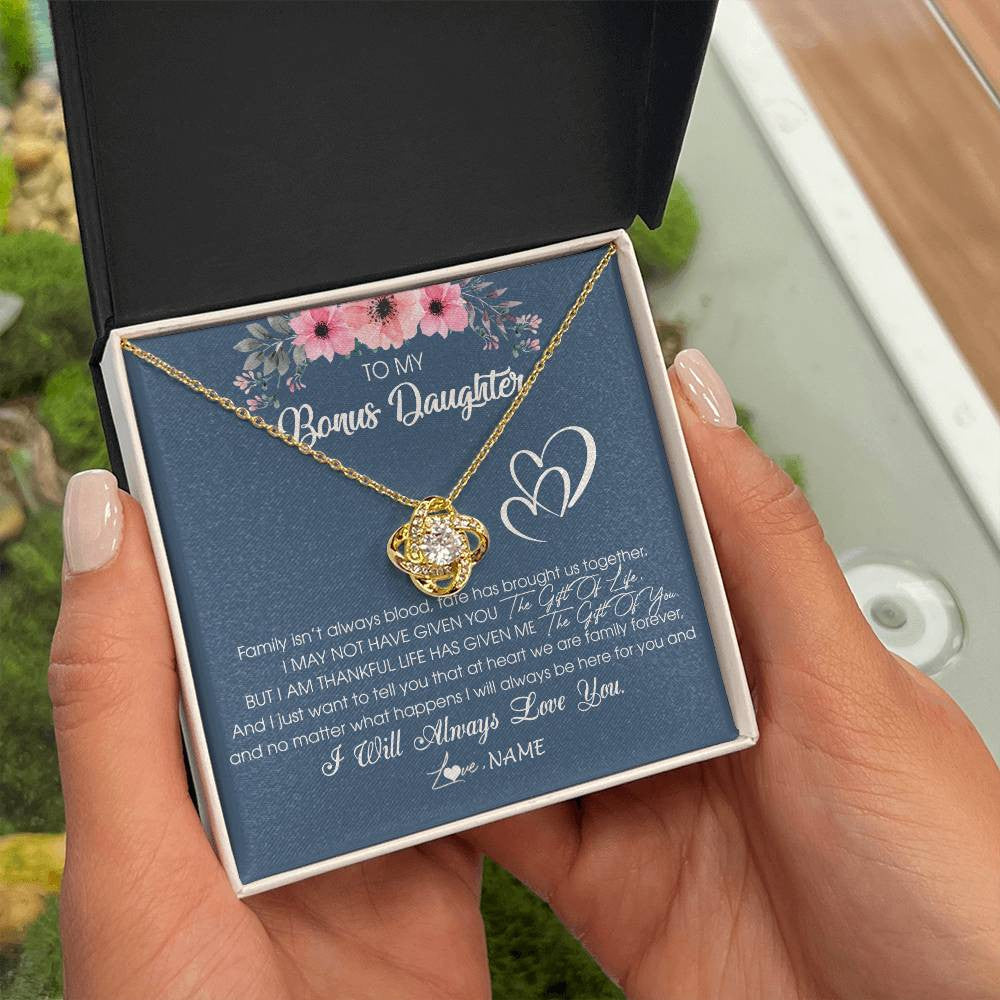 Love Knot Necklace 18K Yellow Gold Finish | Personalized To My Bonus Daughter Necklace From Stepmother Stepfather I Will Always Love You Stepdaughter Jewelry Birthday Christmas Customized Message Card | siriusteestore