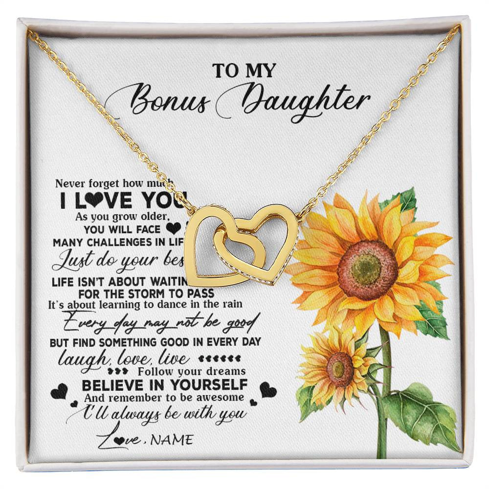 Interlocking Hearts Necklace 18K Yellow Gold Finish | 1 | Personalized To My Bonus Daughter Necklace From Stepmother Sunflower Wood Laugh Love Live Stepdaughter Birthday Christmas Customized Gift Box Message Card | siriusteestore