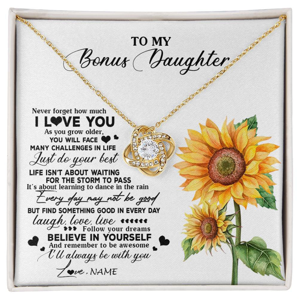 Love Knot Necklace 18K Yellow Gold Finish | 1 | Personalized To My Bonus Daughter Necklace From Stepmother Sunflower Wood Laugh Love Live Stepdaughter Birthday Christmas Customized Gift Box Message Card | siriusteestore