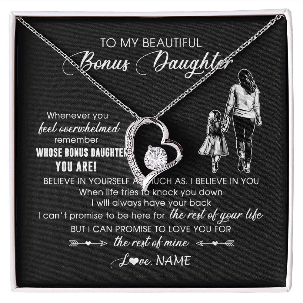 Forever Love Necklace 14K White Gold Finish | 1 | Personalized To My Bonus Daughter Necklace From Stepmother Whenever You Feel Overwhelmed Stepdaughter Jewelry Birthday Christmas Customized Message Card | siriusteestore