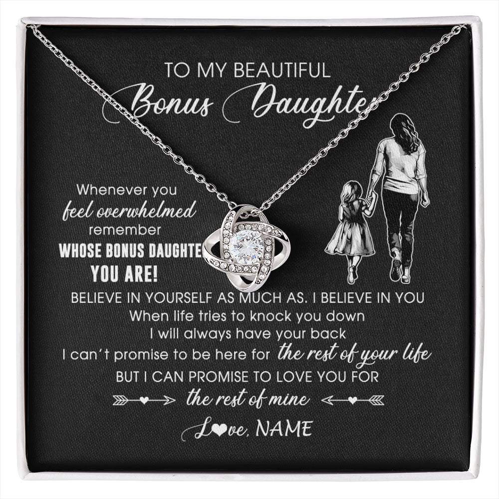 Love Knot Necklace 14K White Gold Finish | 1 | Personalized To My Bonus Daughter Necklace From Stepmother Whenever You Feel Overwhelmed Stepdaughter Jewelry Birthday Christmas Customized Message Card | siriusteestore
