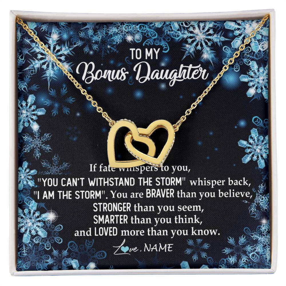 Interlocking Hearts Necklace 18K Yellow Gold Finish | Personalized To My Bonus Daughter Necklace From Stepmother Whisper Back I Am The Storm Stepdaughter Jewelry Birthday Christmas Customized Message Card | siriusteestore