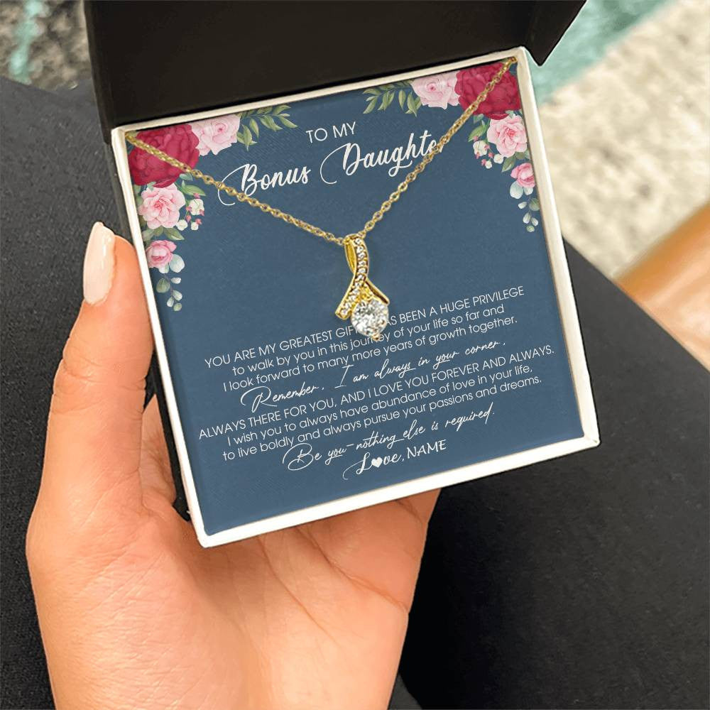 Alluring Beauty Necklace 18K Yellow Gold Finish | Personalized To My Bonus Daughter Necklace From Stepmother You Are My Greatest Gift Stepdaughter Birthday Customized Jewelry Gift Box Message Card | siriusteestore