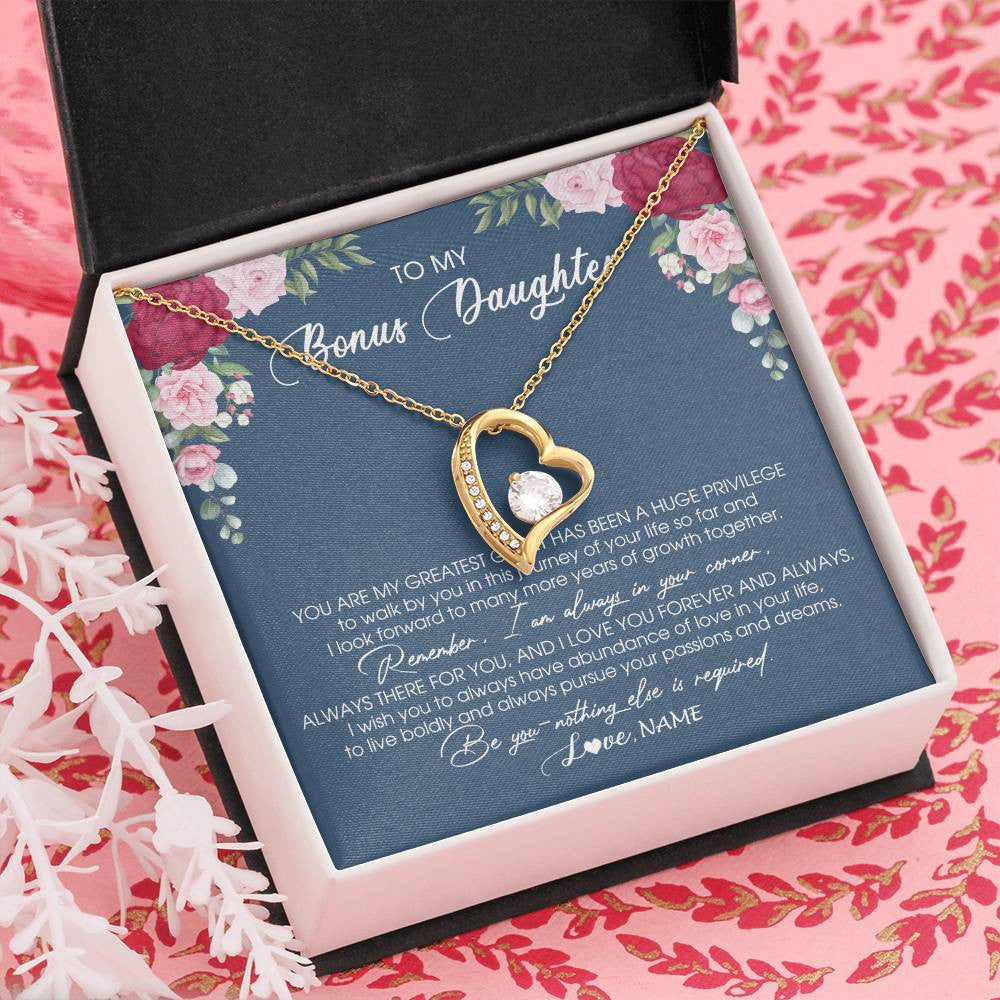 Forever Love Necklace 18K Yellow Gold Finish | Personalized To My Bonus Daughter Necklace From Stepmother You Are My Greatest Gift Stepdaughter Birthday Customized Jewelry Gift Box Message Card | siriusteestore