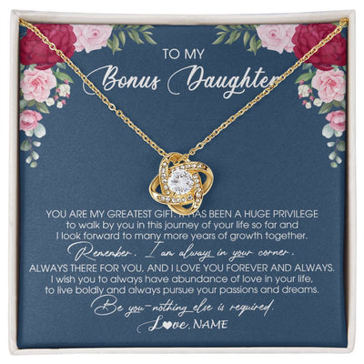 Love Knot Necklace 18K Yellow Gold Finish | Personalized To My Bonus Daughter Necklace From Stepmother You Are My Greatest Gift Stepdaughter Birthday Customized Jewelry Gift Box Message Card | siriusteestore