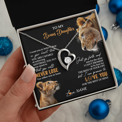 Forever Love Necklace 14K White Gold Finish | 2 | Personalized To My Bonus Daughter Necklace From Stepmother You Will Never Lose Lion Stepdaughter Birthday Gifts Graduation Christmas Gift Box Message Card | siriusteestore