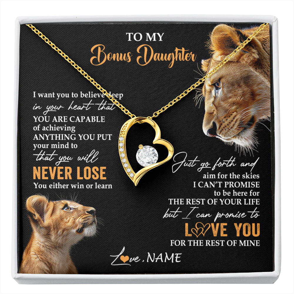 Forever Love Necklace 18K Yellow Gold Finish | 1 | Personalized To My Bonus Daughter Necklace From Stepmother You Will Never Lose Lion Stepdaughter Birthday Gifts Graduation Christmas Gift Box Message Card | siriusteestore