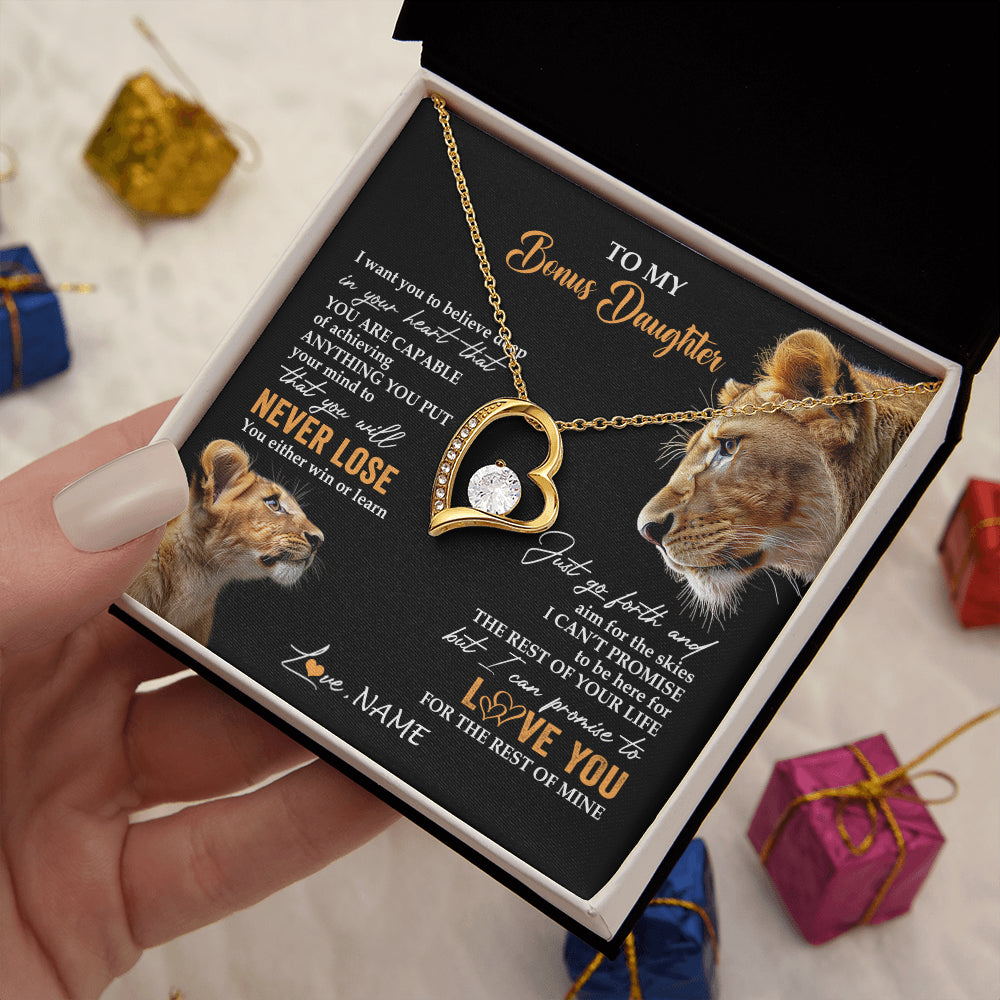 Forever Love Necklace 18K Yellow Gold Finish | 2 | Personalized To My Bonus Daughter Necklace From Stepmother You Will Never Lose Lion Stepdaughter Birthday Gifts Graduation Christmas Gift Box Message Card | siriusteestore