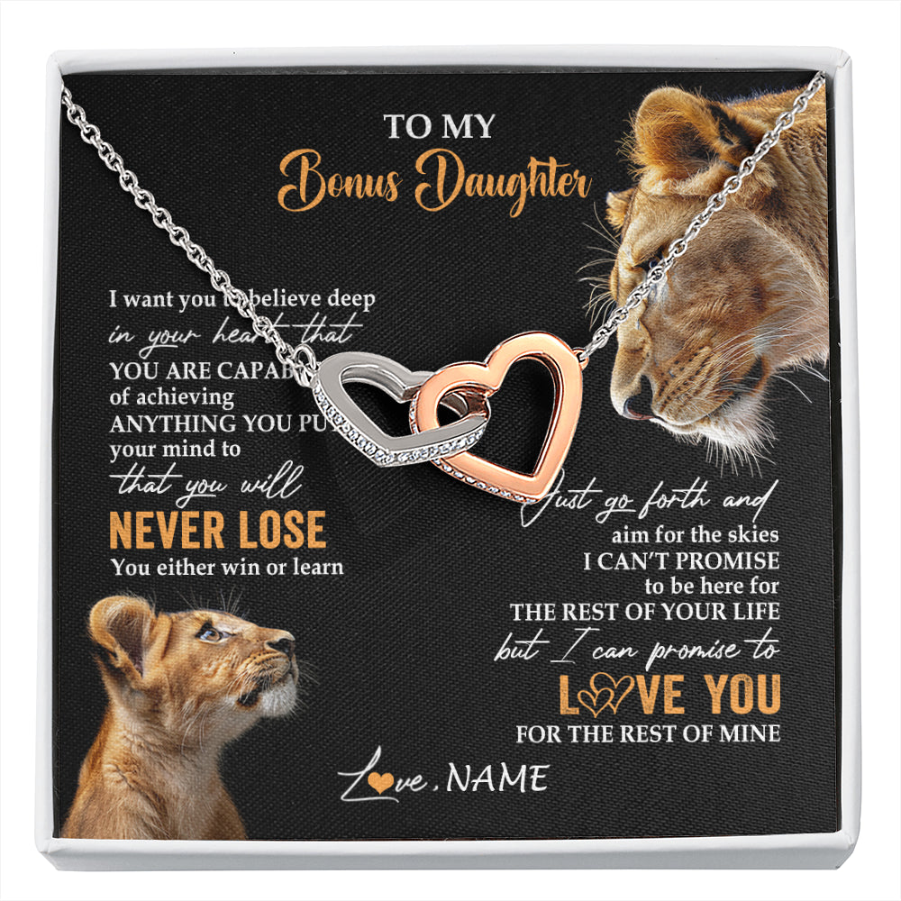 Interlocking Hearts Necklace Stainless Steel & Rose Gold Finish | 1 | Personalized To My Bonus Daughter Necklace From Stepmother You Will Never Lose Lion Stepdaughter Birthday Gifts Graduation Christmas Gift Box Message Card | siriusteestore