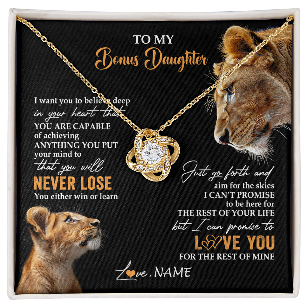 Love Knot Necklace 18K Yellow Gold Finish | 1 | Personalized To My Bonus Daughter Necklace From Stepmother You Will Never Lose Lion Stepdaughter Birthday Gifts Graduation Christmas Gift Box Message Card | siriusteestore