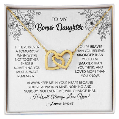 Interlocking Hearts Necklace 18K Yellow Gold Finish | Personalized To My Bonus Daughter Necklace From Stepmother You're Braver Stronger Smarter Stepdaughter Birthday Customized Jewelry Gift Box Message Card | siriusteestore