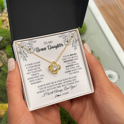 Love Knot Necklace 18K Yellow Gold Finish | Personalized To My Bonus Daughter Necklace From Stepmother You're Braver Stronger Smarter Stepdaughter Birthday Customized Jewelry Gift Box Message Card | siriusteestore