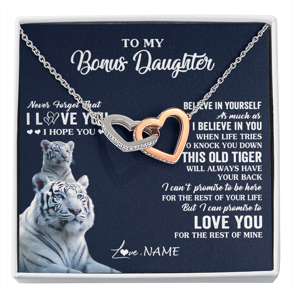 Interlocking Hearts Necklace Stainless Steel & Rose Gold Finish | 1 | Personalized To My Bonus Daughter Necklace Gift From Stepmom Stepdad This Old Tiger Love You Birthday Graduation Christmas Customized Gift Box Message Card | siriusteestore.myshopify