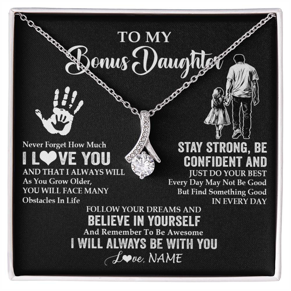 Alluring Beauty Necklace 14K White Gold Finish | 1 | Personalized To My Bonus Daughter Necklace I Love You Forever From Stepdad Stepdaughter Birthday Gifts Christmas Graduation Customized Gift Box Message Card | siriusteestore