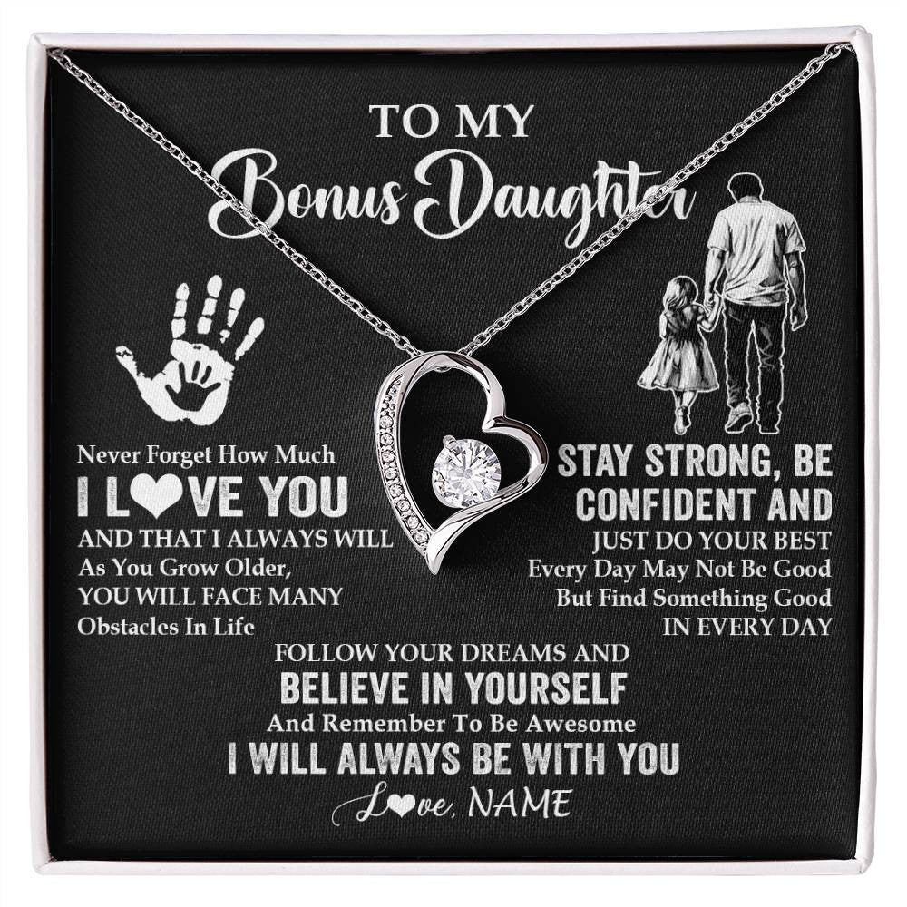 Forever Love Necklace 14K White Gold Finish | 1 | Personalized To My Bonus Daughter Necklace I Love You Forever From Stepdad Stepdaughter Birthday Gifts Christmas Graduation Customized Gift Box Message Card | siriusteestore