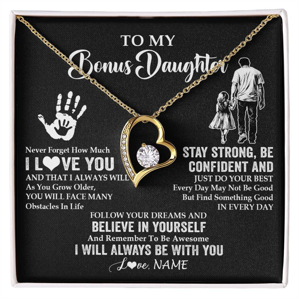 Forever Love Necklace 18K Yellow Gold Finish | 1 | Personalized To My Bonus Daughter Necklace I Love You Forever From Stepdad Stepdaughter Birthday Gifts Christmas Graduation Customized Gift Box Message Card | siriusteestore