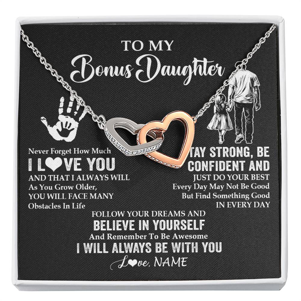 Interlocking Hearts Necklace Stainless Steel & Rose Gold Finish | 1 | Personalized To My Bonus Daughter Necklace I Love You Forever From Stepdad Stepdaughter Birthday Gifts Christmas Graduation Customized Gift Box Message Card | siriusteestore