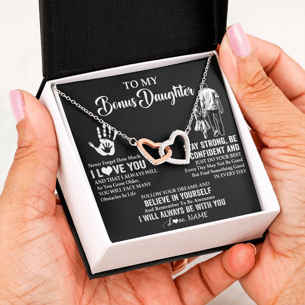 Interlocking Hearts Necklace Stainless Steel & Rose Gold Finish | 2 | Personalized To My Bonus Daughter Necklace I Love You Forever From Stepdad Stepdaughter Birthday Gifts Christmas Graduation Customized Gift Box Message Card | siriusteestore