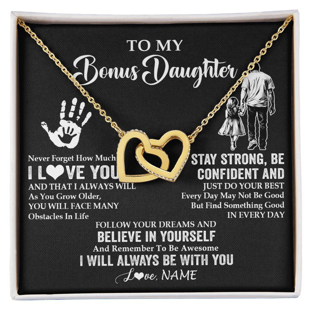 Interlocking Hearts Necklace 18K Yellow Gold Finish | 1 | Personalized To My Bonus Daughter Necklace I Love You Forever From Stepdad Stepdaughter Birthday Gifts Christmas Graduation Customized Gift Box Message Card | siriusteestore