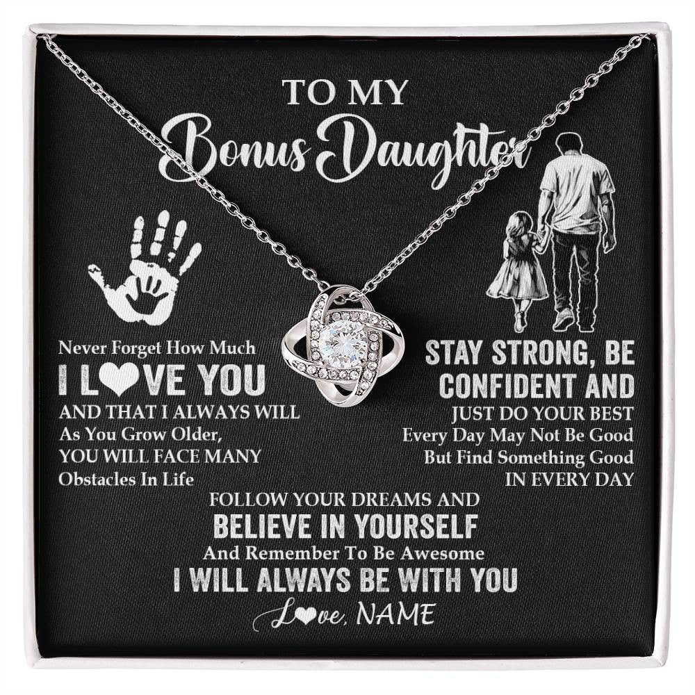 Love Knot Necklace 14K White Gold Finish | 1 | Personalized To My Bonus Daughter Necklace I Love You Forever From Stepdad Stepdaughter Birthday Gifts Christmas Graduation Customized Gift Box Message Card | siriusteestore