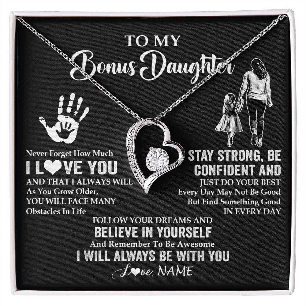 Forever Love Necklace 14K White Gold Finish | 1 | Personalized To My Bonus Daughter Necklace I Love You Forever From Stepmom Stepdaughter Birthday Gifts Christmas Graduation Customized Gift Box Message Card | siriusteestore