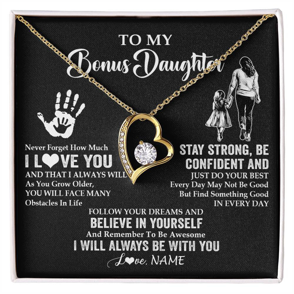Forever Love Necklace 18K Yellow Gold Finish | 1 | Personalized To My Bonus Daughter Necklace I Love You Forever From Stepmom Stepdaughter Birthday Gifts Christmas Graduation Customized Gift Box Message Card | siriusteestore