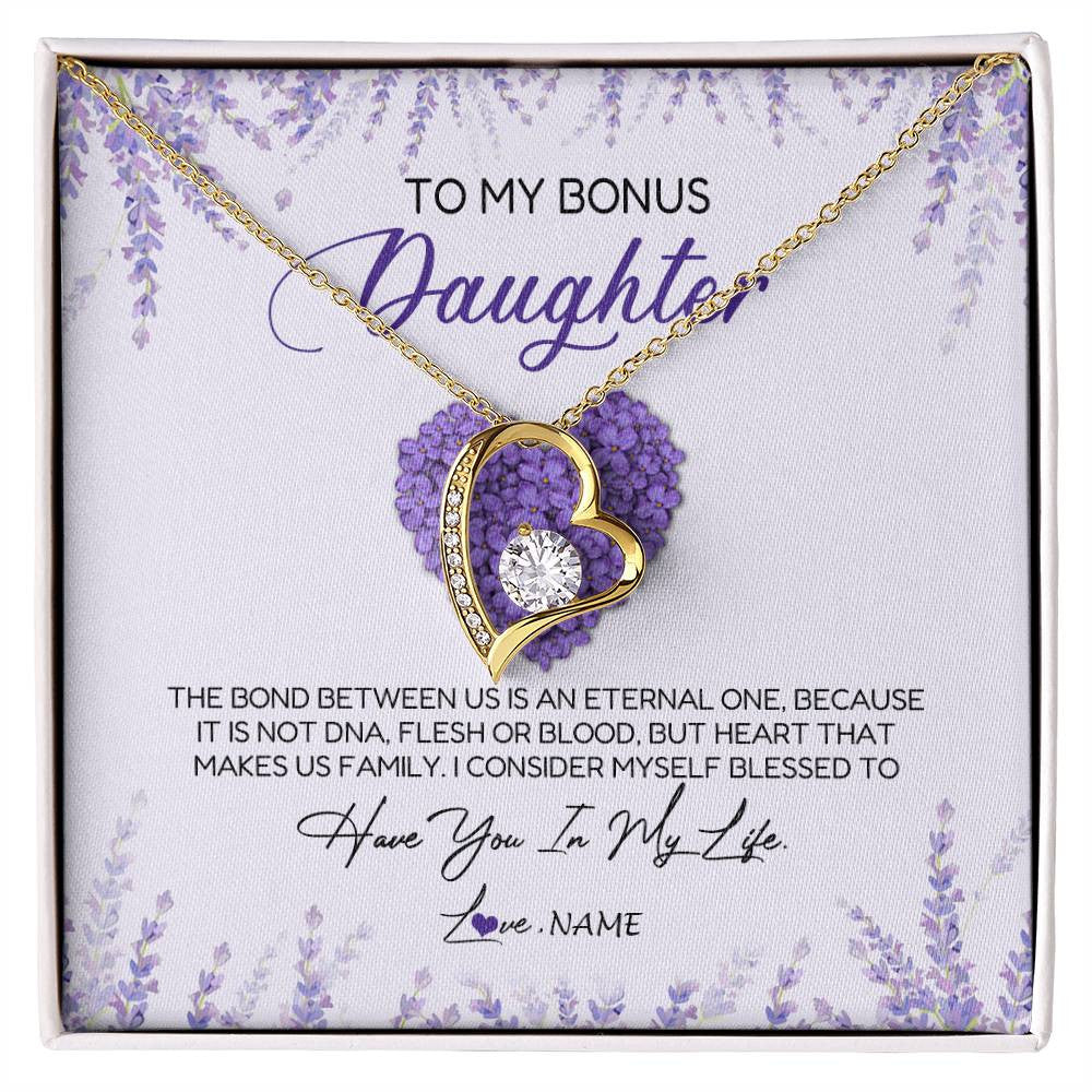 Forever Love Necklace 18K Yellow Gold Finish | Personalized To My Bonus Daughter Necklace The Bond Between Us Is An Eternal Future Step Daughter Jewelry Birthday Christmas Customized Gift Box Message Card | siriusteestore