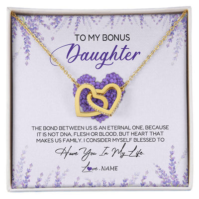 Interlocking Hearts Necklace 18K Yellow Gold Finish | Personalized To My Bonus Daughter Necklace The Bond Between Us Is An Eternal Future Step Daughter Jewelry Birthday Christmas Customized Gift Box Message Card | siriusteestore