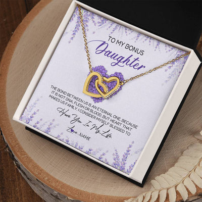 Interlocking Hearts Necklace 18K Yellow Gold Finish | Personalized To My Bonus Daughter Necklace The Bond Between Us Is An Eternal Future Step Daughter Jewelry Birthday Christmas Customized Gift Box Message Card | siriusteestore