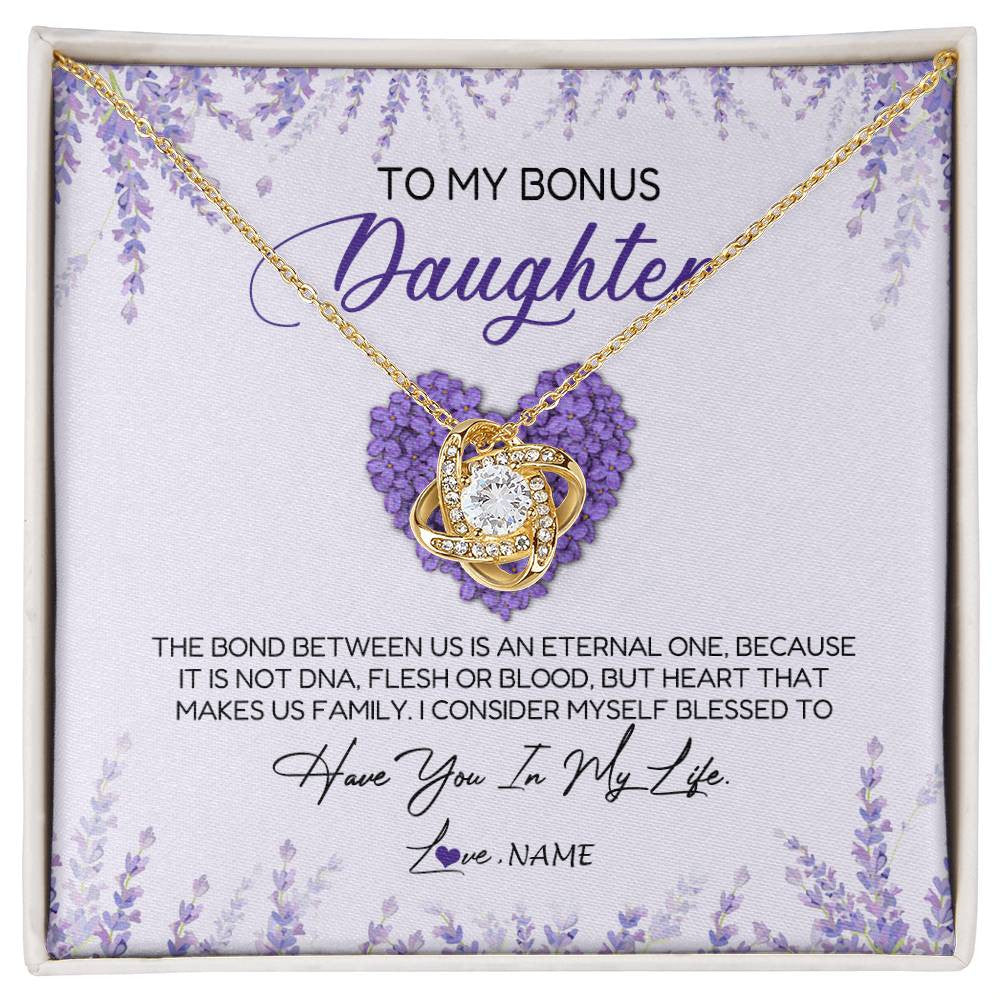 Love Knot Necklace 18K Yellow Gold Finish | Personalized To My Bonus Daughter Necklace The Bond Between Us Is An Eternal Future Step Daughter Jewelry Birthday Christmas Customized Gift Box Message Card | siriusteestore