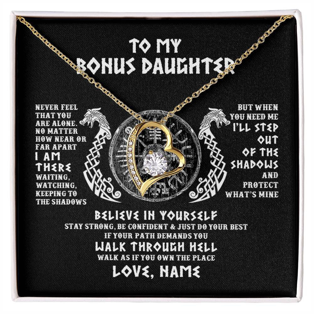 Forever Love Necklace 18K Yellow Gold Finish | 1 | Personalized To My Bonus Daughter Necklace Viking Never Feel You Are Alone Odin Scandinavian Norse Runes Birthday Christmas Customized Gift Box Message Card | siriusteestore