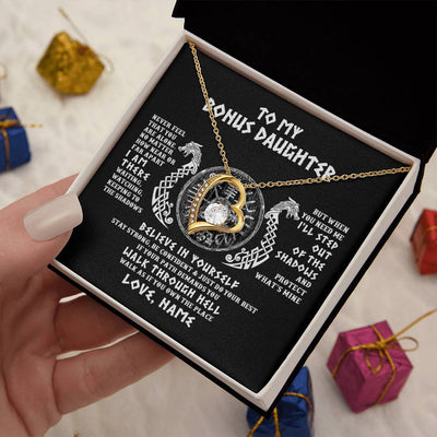 Forever Love Necklace 18K Yellow Gold Finish | 2 | Personalized To My Bonus Daughter Necklace Viking Never Feel You Are Alone Odin Scandinavian Norse Runes Birthday Christmas Customized Gift Box Message Card | siriusteestore
