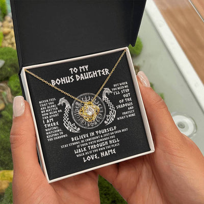 Love Knot Necklace 18K Yellow Gold Finish | 2 | Personalized To My Bonus Daughter Necklace Viking Never Feel You Are Alone Odin Scandinavian Norse Runes Birthday Christmas Customized Gift Box Message Card | siriusteestore