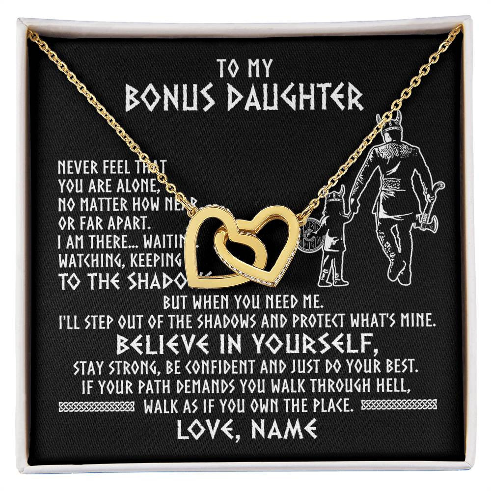 Interlocking Hearts Necklace 18K Yellow Gold Finish | 1 | Personalized To My Bonus Daughter Necklace Viking Never Feel You Are Alone Scandinavian Runes Viking Stepdaughter Christmas Customized Gift Box Message Card | siriusteestore