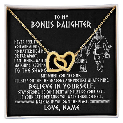 Interlocking Hearts Necklace 18K Yellow Gold Finish | 1 | Personalized To My Bonus Daughter Necklace Viking Never Feel You Are Alone Scandinavian Runes Viking Stepdaughter Christmas Customized Gift Box Message Card | siriusteestore
