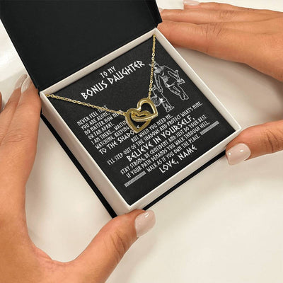 Interlocking Hearts Necklace 18K Yellow Gold Finish | 2 | Personalized To My Bonus Daughter Necklace Viking Never Feel You Are Alone Scandinavian Runes Viking Stepdaughter Christmas Customized Gift Box Message Card | siriusteestore