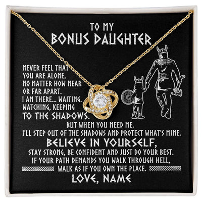 Love Knot Necklace 18K Yellow Gold Finish | 1 | Personalized To My Bonus Daughter Necklace Viking Never Feel You Are Alone Scandinavian Runes Viking Stepdaughter Christmas Customized Gift Box Message Card | siriusteestore