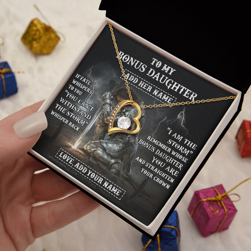 Forever Love Necklace 18K Yellow Gold Finish | 2 | Personalized To My Bonus Daughter Necklace Women Warrior Knights Templar I Am The Storm Best Stepdaughter Birthday Gifts Christmas Gift Box Message Card | siriusteestore
