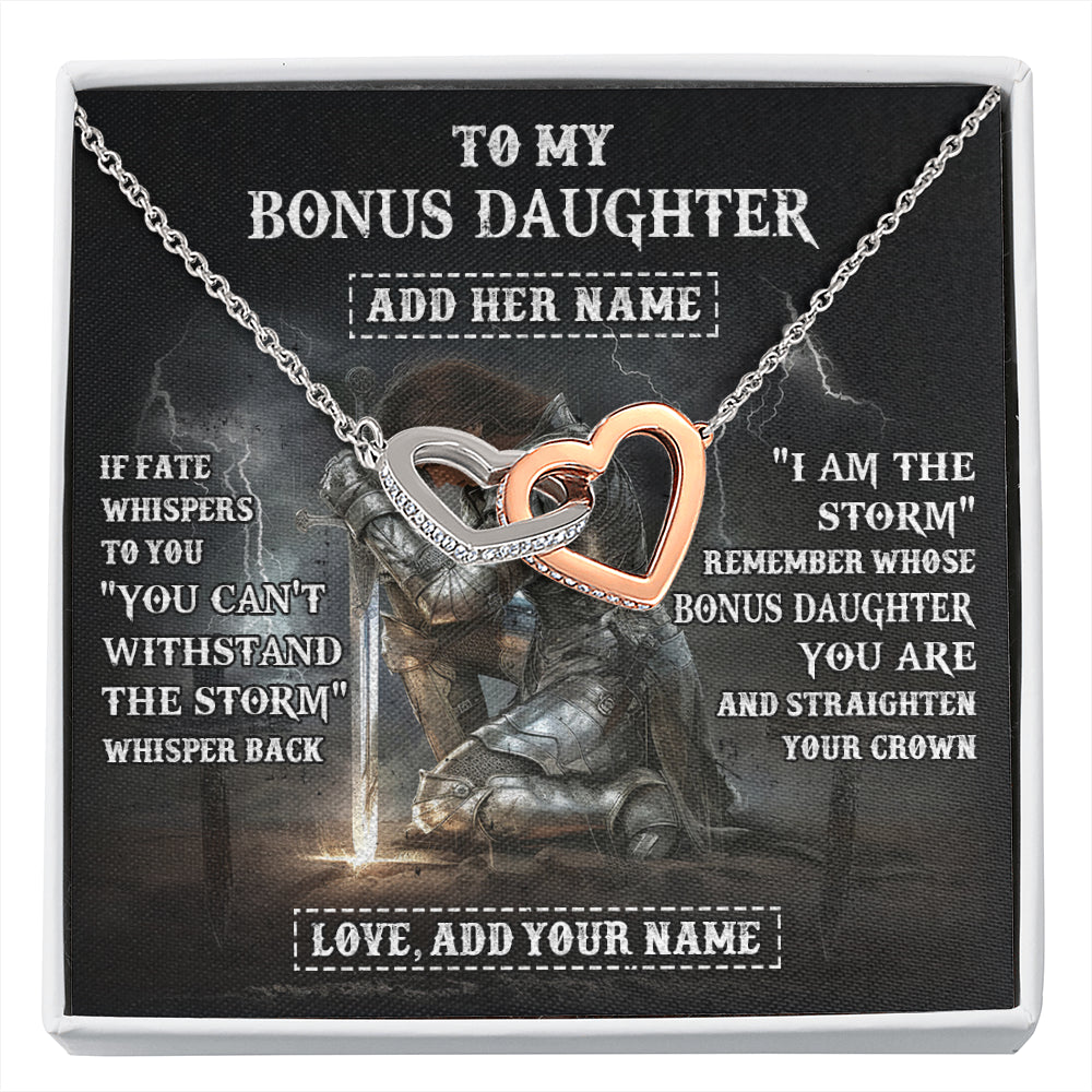 Interlocking Hearts Necklace Stainless Steel & Rose Gold Finish | 1 | Personalized To My Bonus Daughter Necklace Women Warrior Knights Templar I Am The Storm Best Stepdaughter Birthday Gifts Christmas Gift Box Message Card | siriusteestore