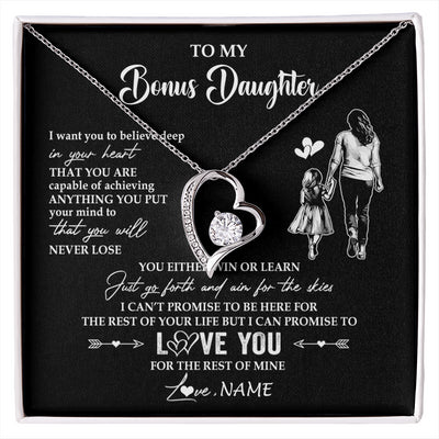 Forever Love Necklace 14K White Gold Finish | 1 | Personalized To My Bonus Daughter Necklace You Will Never Lose From Stepmother Stepdaughter Birthday Gifts Graduation Christmas Gift Box Message Card | siriusteestore